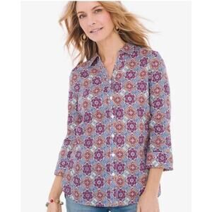 Chico's 2 chicos large Blue Mandala Linen Flax No Iron Lagen look Coastal Granny